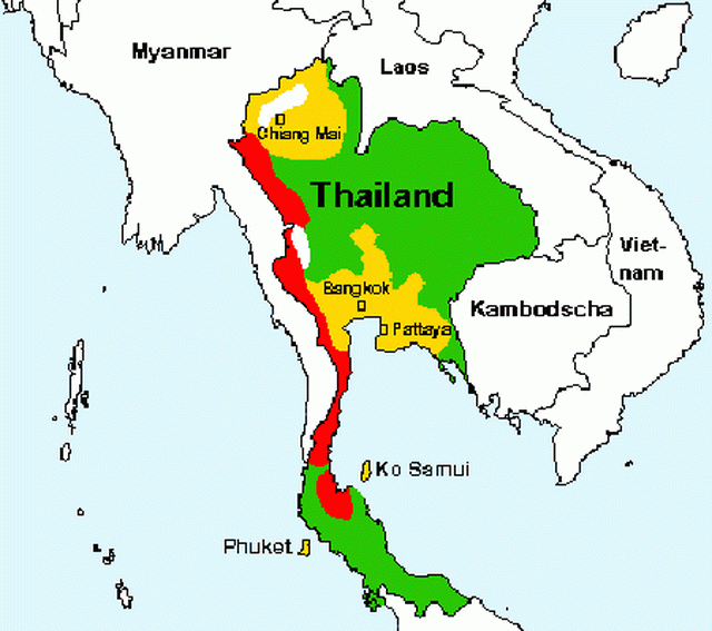 Wissenschaftler Befurchten Eine Unkontrollierte Malaria Epidemie In Thailand Info Zur Malariakarte Thailand Rot Hohes Risiko Grun Mittleres Risiko Gelb Geringes Risiko Thailandtip