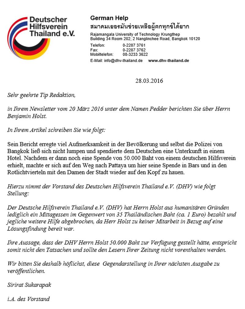 Deutscher Hilfsverein nimmt Stellung zur angeblichen Spende an Benjamin Holst