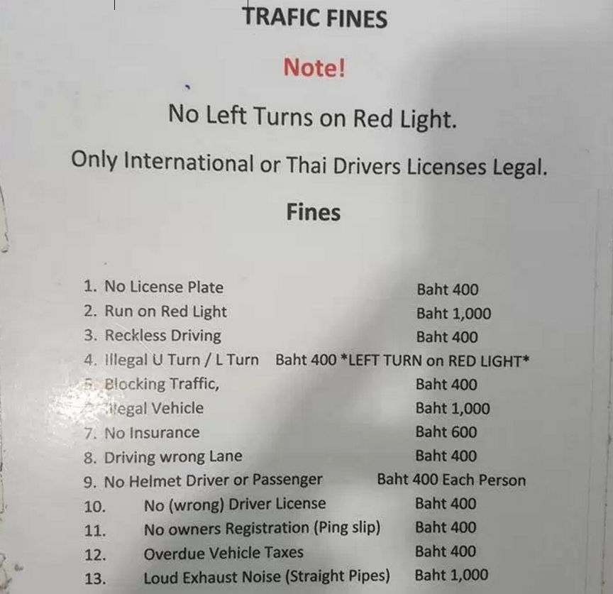 Bußgeldliste der Polizei für Verkehrsvergehen in Pattaya