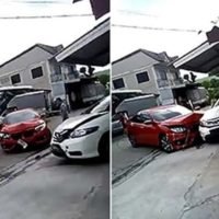 Wütendes Ehepaar rammt sich gegenseitig mit ihren neuen PKWs