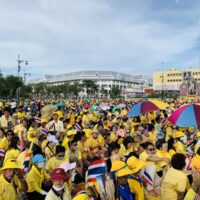 Eine riesige in gelb gekleidete Menschenmenge versammelte sich in Bangkok, um Ihre Majestäten zu bejubeln