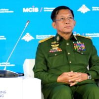 Oberbefehlshaber der Streitkräfte Myanmars, Senior General Min Aung Hlaing nimmt an der IX. Moskauer Konferenz über internationale Sicherheit in Moskau, Russland, 23. Juni 2021 teil.