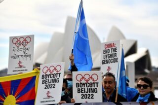 Demonstranten in Sydney fordern die australische Regierung auf, die Olympischen Winterspiele 2022 in Peking wegen der Menschenrechtsbilanz Chinas zu boykottieren.