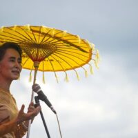 Auf diesem Aktenfoto, aufgenommen am 5. September 2015, hält die Vorsitzende der National League for Democracy, Aung San Suu Kyi, eine Rede