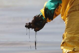 Beamte der Umweltschutzbehörde arbeiten daran, die Ölpest zu beseitigen, die am 29. Januar entlang eines 2 Kilometer langen Abschnitts von Rayongs Strand Mae Ramphueng an Land gespült wurde