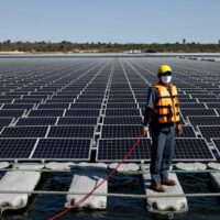 Auf diesem Aktenfoto, das am 23. Februar 2022 aufgenommen wurde, steht ein Arbeiter neben schwimmenden Solarmodulen für die Hydro Solarfarm Sirindhorn Dam