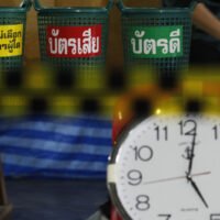 Eine Uhr, die nach 17.00 Uhr tickt, markiert das Ende der Abstimmung in einem Wahllokal im Bezirk Samphran in der Provinz Nakhon Pathom während der Parlamentswahlen am 24. März 2019