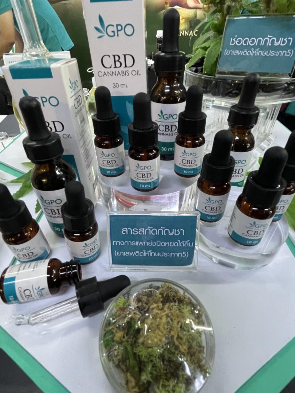 CBD-Öl aus Cannabis wird auf einer Ganja- und Hanf-Expo ausgestellt.