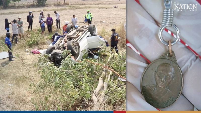 Zwei deutsche Männer und zwei thailändische Frauen kamen mit einigen Verletzungen davon, nachdem ihr Mitsubishi SUV einen Strommast getroffen hatte – alles dank eines Khruba Siwichai Amuletts.