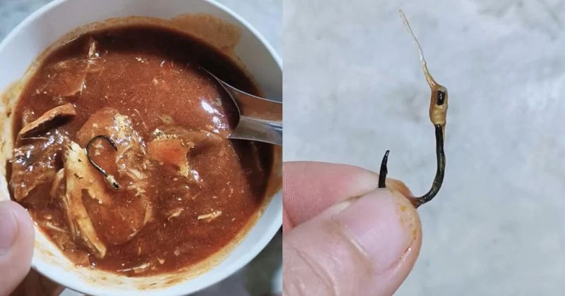 Ein Kunde war verblüfft, als er einen Köderhaken entdeckte, der in einer Fischdose schwimmt, die von einer berühmten Marke in Thailand hergestellt wird. Glücklicherweise entdeckte er den scharfen Haken, bevor er daran kaute. Ein Kunde war verblüfft, als er einen Köderhaken entdeckte, der in einer Fischdose schwimmt, die von einer berühmten Marke in Thailand hergestellt wird. Glücklicherweise entdeckte er den scharfen Haken, bevor er daran kaute.