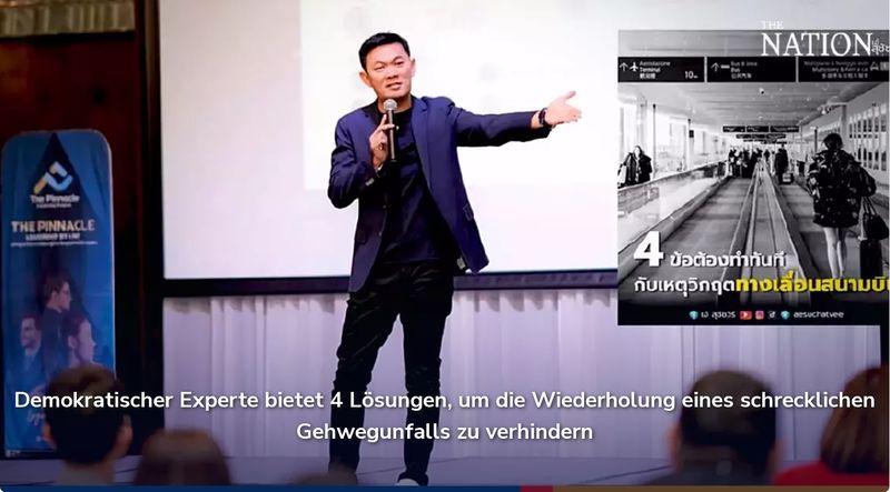 Ein Politiker hat sich vier Maßnahmen ausgedacht, um eine Wiederholung des schrecklichen Unfalls zu verhindern, der sich am Donnerstagmorgen am Flughafen Don Mueang auf einem Laufband ereignete. Ein Politiker hat sich vier Maßnahmen ausgedacht, um eine Wiederholung des schrecklichen Unfalls zu verhindern, der sich am Donnerstagmorgen am Flughafen Don Mueang auf einem Laufband ereignete.