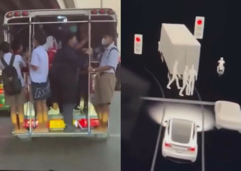 Ein japanischer Youtuber, der in Thailand einen Tesla fuhr, war verblüfft, als ihn das Auto wiederholt vor Fußgängern warnte, die vor ihm kreuzten . Als er jedoch aufsah, sah er nichts. Die amüsante Realität kam später ans Licht, als ihm klar wurde, dass das Auto die vorausfahrenden Personen nicht erkannte, sondern Personen, die auf der Ladefläche von Thai Songthaew oder zweireihigen Pick-ups standen, fälschlicherweise als Fußgänger interpretierte. Ein japanischer Youtuber, der in Thailand einen Tesla fuhr, war verblüfft, als ihn das Auto wiederholt vor Fußgängern warnte, die vor ihm kreuzten . Als er jedoch aufsah, sah er nichts. Die amüsante Realität kam später ans Licht, als ihm klar wurde, dass das Auto die vorausfahrenden Personen nicht erkannte, sondern Personen, die auf der Ladefläche von Thai Songthaew oder zweireihigen Pick-ups standen, fälschlicherweise als Fußgänger interpretierte.
