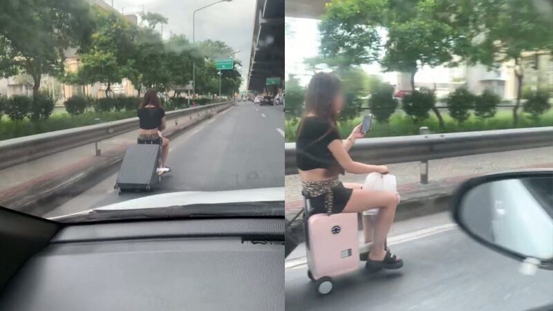 Ein auf der Social-Media Plattform X gepostetes Video löste Empörung und Besorgnis über die Verkehrssicherheit einer frau in Bangkok aus. Das Video zeigt eine Frau, die auf einem Elektrokoffer fährt, während sie gleichzeitig ein großes Gepäckstück hinter sich herzieht und ihr Mobiltelefon auf der Vibhavadi Rangsit Road in der Nähe des Flughafens Don Mueang in Bangkok benutzt.