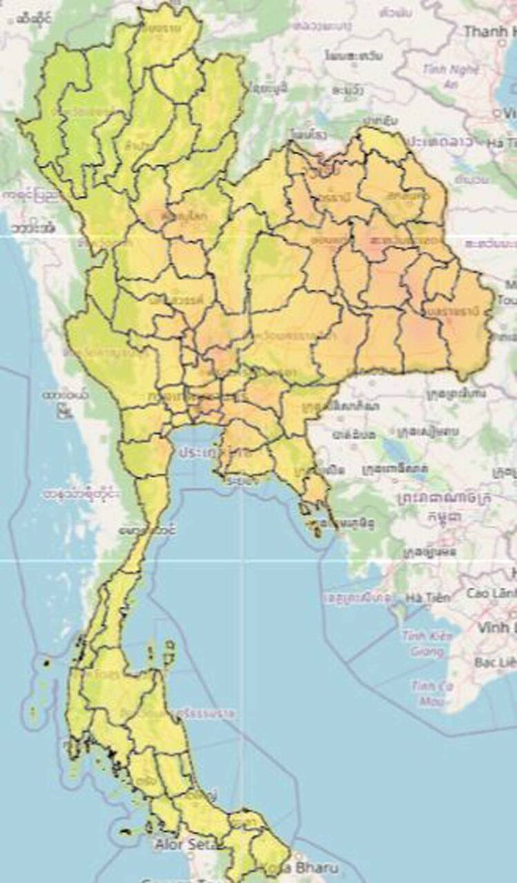 Nach Angaben der Geo-Informatics and Space Technology Development Agency (Gistda) waren am Montagmorgen 57 der 77 Provinzen Thailands von einer gesundheitsgefährdenden Feinstaubbelastung betroffen.Dreizehn Provinzen waren mit der roten (gesundheitsgefährdenden) Feinstaubkonzentration von 2,5 Mikrometern und weniger (PM2,5) konfrontiert, berichtete Gistda um 8 Uhr morgens.
