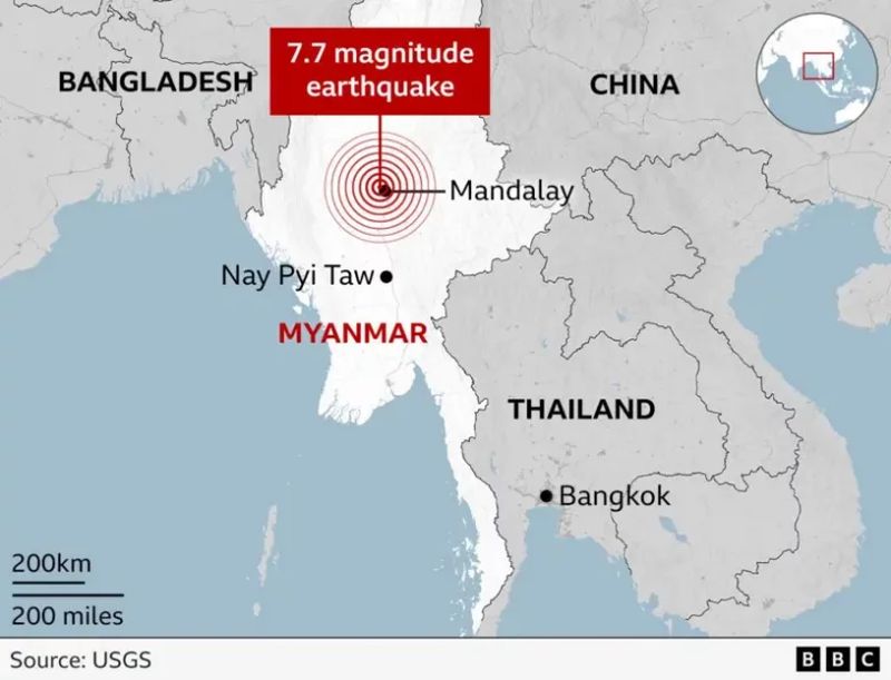 Ein schweres Erdbeben der Stärke 7,7 erschütterte Myanmar vor etwas mehr als 24 Stunden und hinterließ verheerende Schäden. Die Katastrophe forderte zahlreiche Todesopfer, Verletzte und verursachte schwere Schäden an der Infrastruktur, insbesondere in Mandalay, dem Epizentrum des Bebens.Die Lage bleibt weiterhin ernst, da die Rettungsarbeiten andauern und Nachbeben die Region erschüttern.