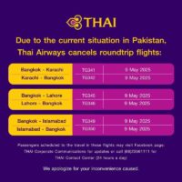 Aufgrund der eskalierenden Spannungen zwischen Pakistan und Indien hat Thai Airways International (THAI) heute am Freitag alle Flüge von und nach drei pakistanischen Städten eingestellt. Die nationale Fluggesellschaft gab die Annullierung von sechs Hin- und Rückflügen am Freitag zwischen Bangkok und Karachi, Lahore und Islamabad bekannt.