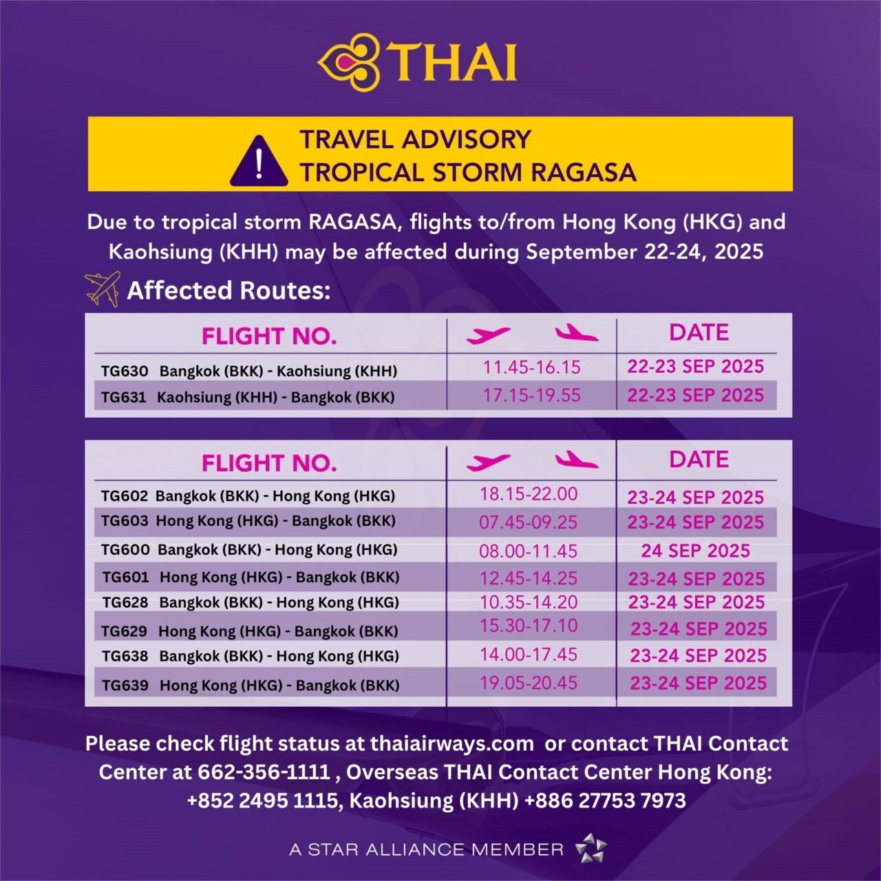 Passagieren, die von Montag bis Mittwoch mit Thai Airways International nach Kaohsiung in Taiwan und Hongkong reisen, wird dringend empfohlen, ihre Flüge auf dem neuesten Stand zu halten, da der Supertaifun Ragasa in das Gebiet zieht.