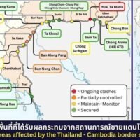 Am Montag um 7:30 Uhr schlugen kambodschanische Raketengranaten in einem Getreidespeicher im Bezirk Khok Sung, Provinz Sa Kaeo, ein. Um 11:30 Uhr beschoss Kambodscha thailändische Militärbasen im Bezirk Ta Phraya, ebenfalls in Sa Kaeo, mit schweren Waffen. Dabei wurde ein thailändischer Soldat getötet, wie ein Sprecher des Verteidigungsministeriums mitteilte.