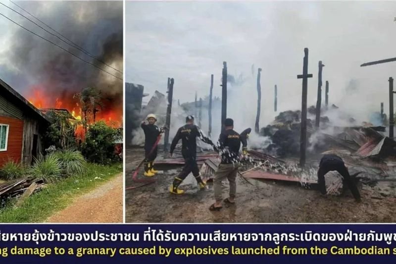 Der Sprecher des Verteidigungsministeriums, Konteradmiral Surasant Kongsiri, teilte Reportern am Montagnachmittag bei einer Pressekonferenz zur Lage an der Grenze mit, dass kambodschanische Angriffe seit Sonntag, 13:29 Uhr, Ortschaften in Sa Kaeo getroffen hätten, was eine dringende Evakuierung erforderlich gemacht habe .