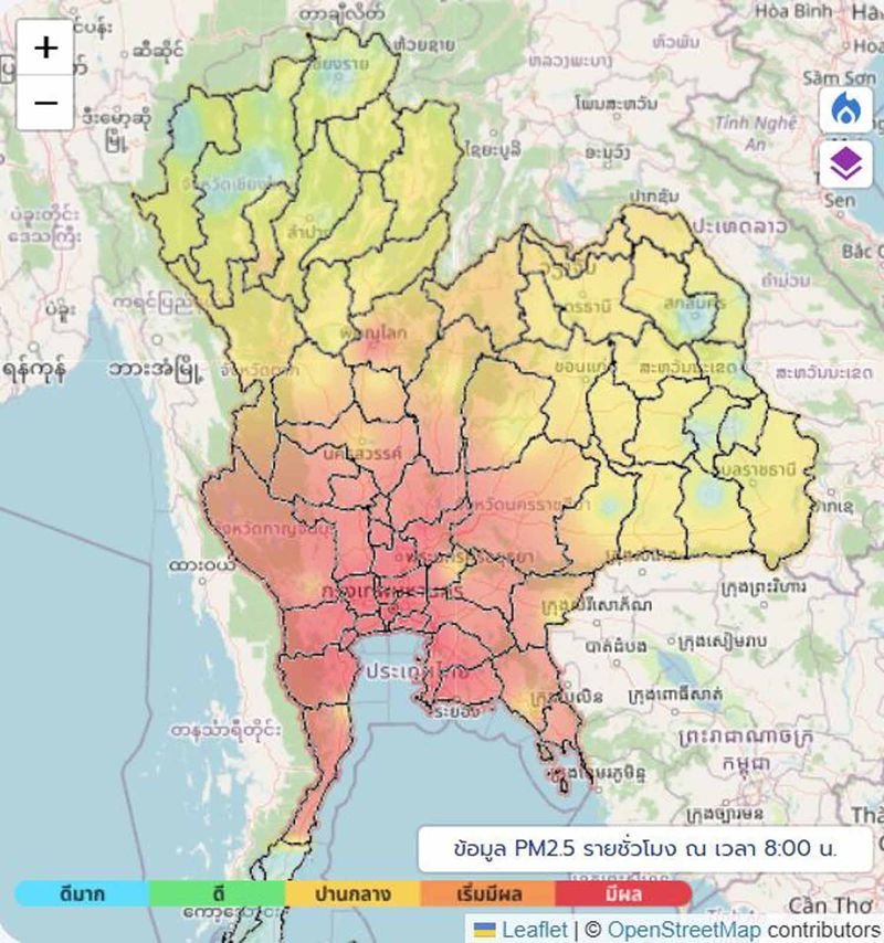 Am Dienstagmorgen wurden in Groß-Bangkok extrem hohe Konzentrationen von ultrafeinem Staub gemessen, die das Dreifache des zulässigen Grenzwerts betrugen, während der größte Teil Thailands von gesundheitsschädlichem Smog eingehüllt war.