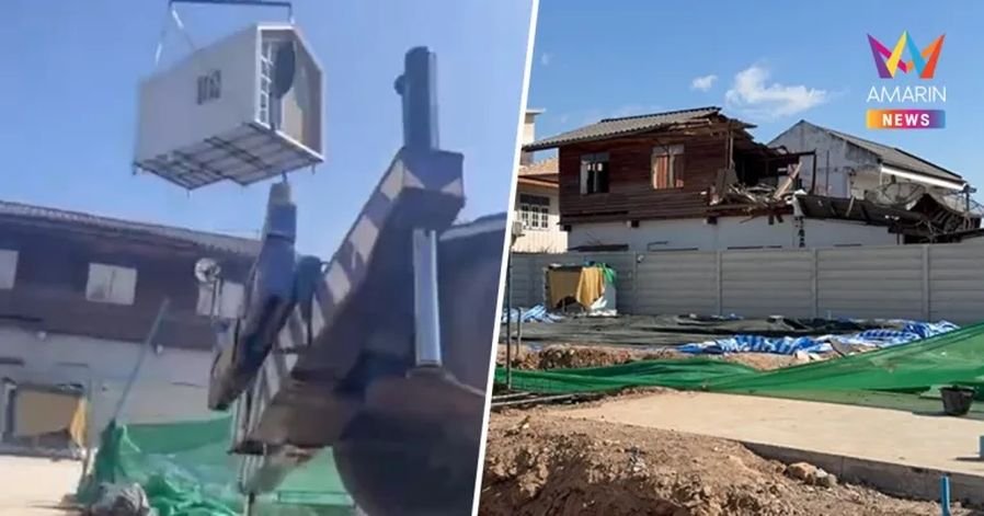 Ein Kranführer in Khon Kaen ließ ein Fertighaus, das er von einem Grundstück auf ein anderes transportierte, auf ein Nachbarhaus fallen. Glücklicherweise überlebte ein Mann, der sich im Haus befand, als es zerstört wurde, wie durch ein Wunder, berichtete Amarin TV gestern (24. Januar).