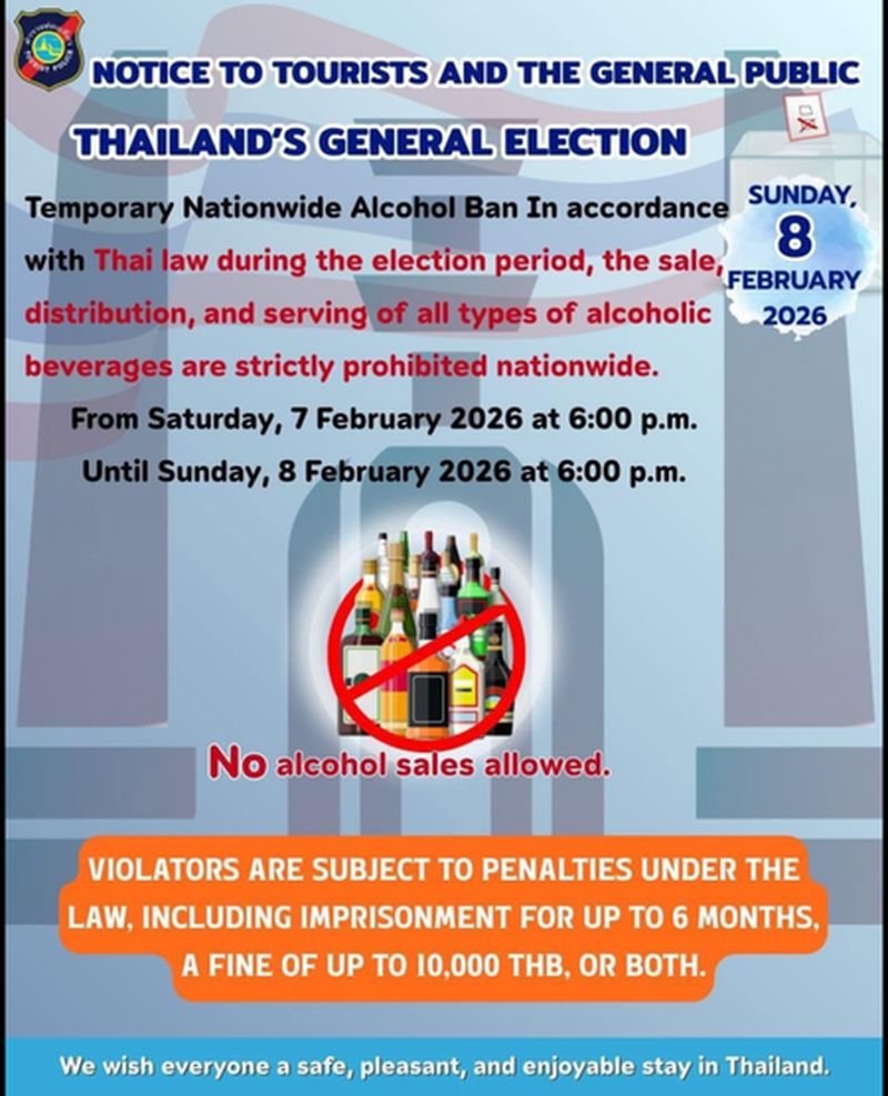 Thailand verhängt während der Parlamentswahlen ein landesweites, vorübergehendes Verbot für den Verkauf, die Verteilung und den Ausschank alkoholischer Getränke. Dies betrifft Einwohner, Unternehmen und Touristen im ganzen Land. Die Regelung gilt von Samstag, dem 7. Februar 2026, 18:00 Uhr, bis Sonntag, dem 8. Februar 2026, 18:00 Uhr. In diesem Zeitraum ist Alkohol landesweit nirgendwo legal erhältlich .