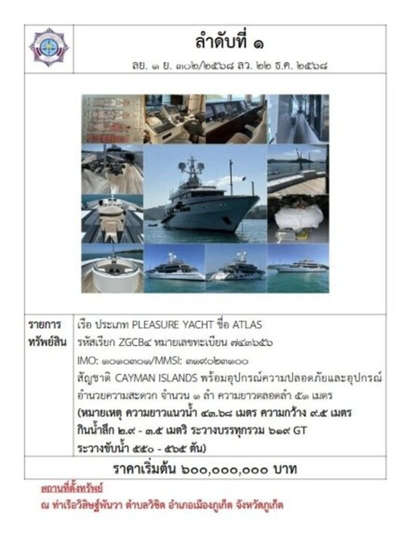 Thailands Anti-Geldwäsche-Behörde (AMLO) hat die Versteigerung der Luxusyacht ATLAS und ihres Begleitschiffs im Rahmen einer Vermögensbeschlagnahme infolge umfangreicher Geldwäscheermittlungen angekündigt. Die Versteigerung wurde am 12. Juni 2026 im Rahmen der neunten öffentlichen Auktion der AMLO in diesem Jahr bekanntgegeben.Das Hauptvermögen besteht aus der Luxusyacht ATLAS im Wert von rund 600 Millionen Baht sowie einem Festrumpfschlauchboot (RIB) im Wert von 8,1 Millionen Baht.